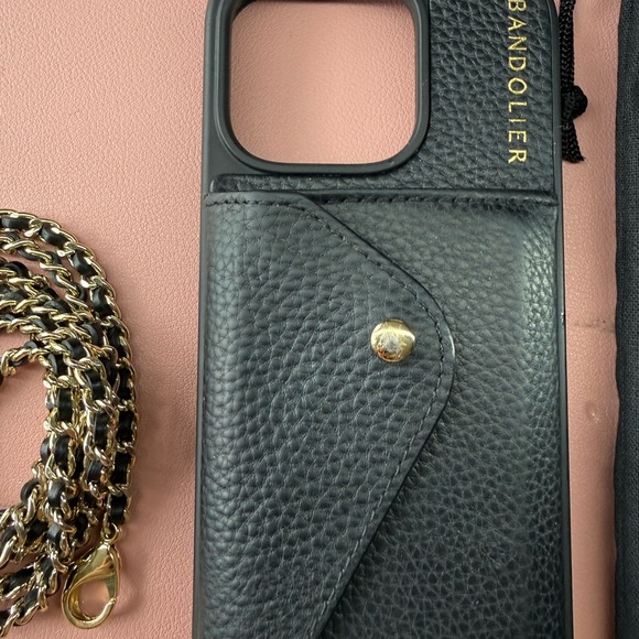 Bandolier Black Leather Phone/Wallet Case with Gold Chain - IPhone 16 Pro - Picture 2 of 8